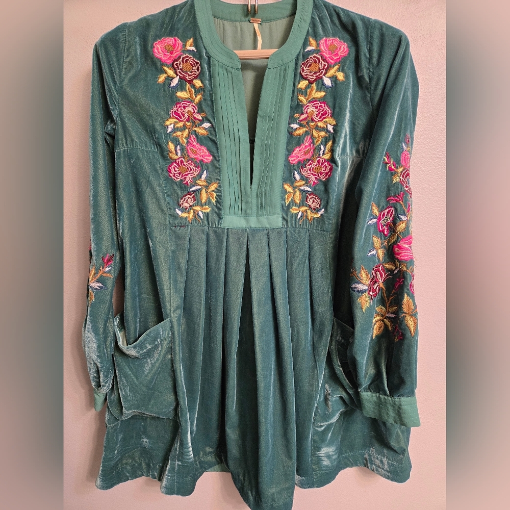 Free People Green Embroidered Velvet Dress with Floral Embroidery